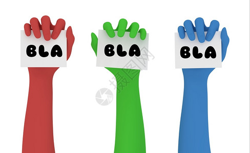 惠廷厄姆单词形象的红色绿手和蓝的示意每人都拿着标有Bla的纸条图片