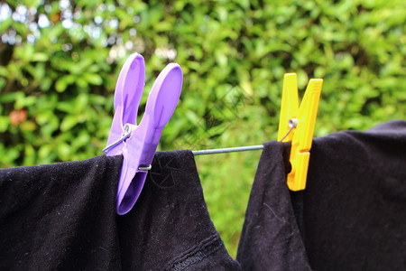干净的在花园里用黑色T恤衫清洗排水线和针织衣服家务晾绳图片