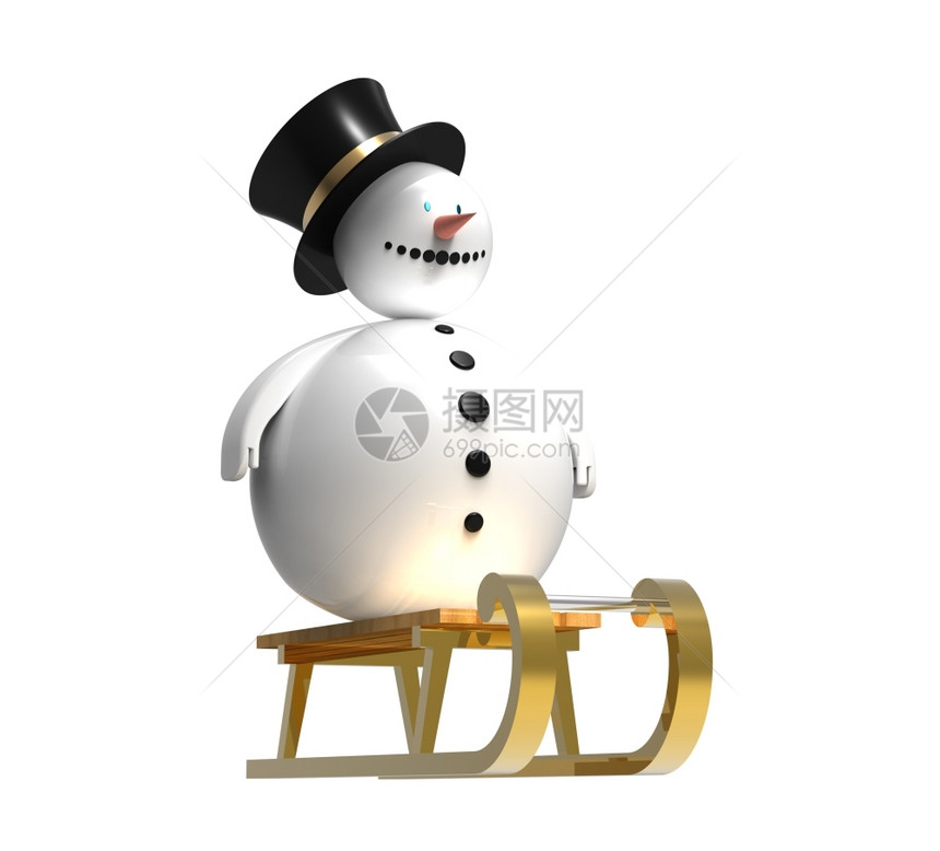 雪人骑着金橇圣诞装饰品孤立在白色3D铸造季节圣诞金的图片