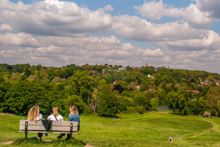 2019年5月日伦敦019年5月日一位女坐在HampsteadHeath的木椅子上多云的汉普斯特德绿色图片