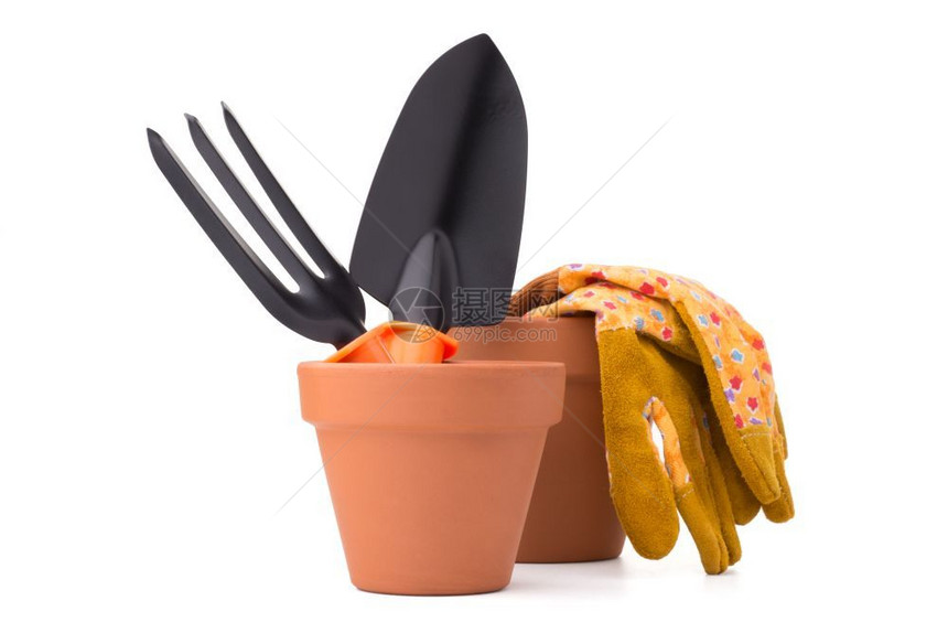 在白底花园工具和附件上隔离的园具和首饰手套花盆燕子和挖掘叉孤立在白底花园工具和配件上花艺爱好园图片