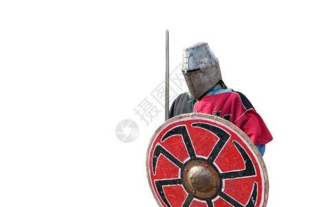 男人中世纪金属盔甲和头战士在白色上孤立骑士比赛图片
