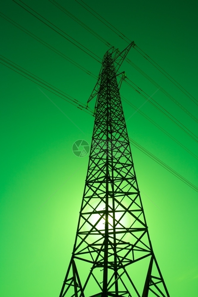自然阳光照耀在电平柱背后的绿色能源活力生态图片