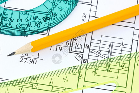 规模建筑学商业图画蓝上的标尺和铅笔比例背景图片