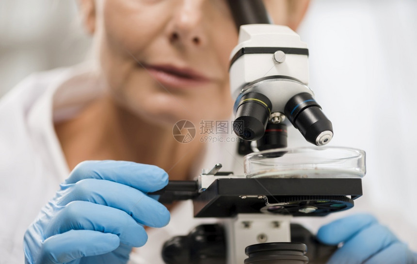 通过显微镜观察的女科学家其重点已减轻水平的女职业图片