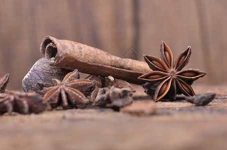 木制板上的蚂蚁和肉桂之星巴甸香料味道图片