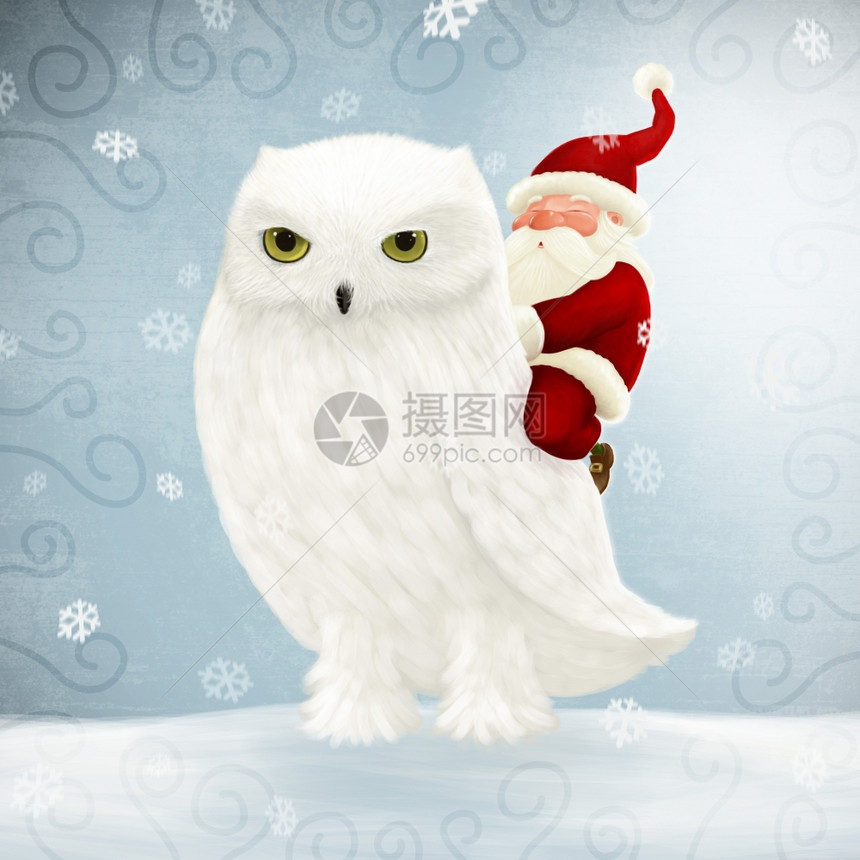 圣诞老人骑着一只大白猫头鹰幻想圣诞节白色的图片
