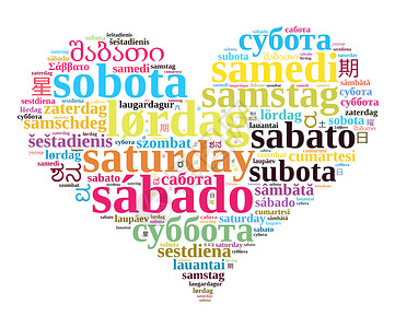 外国的以不同语言写成的星期六字词云概念的形象背景图片