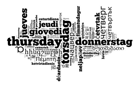 外国的以不同语言写成的星期四单词云概念标签插图背景图片