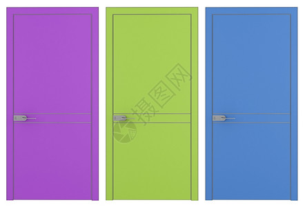三扇彩色门白上隔着蓝的现代紫背景图片