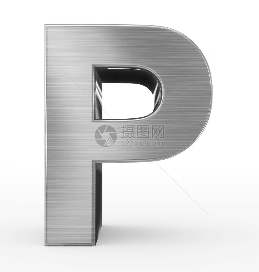 白色的磷字母P3d白色上隔离的金属3D图片