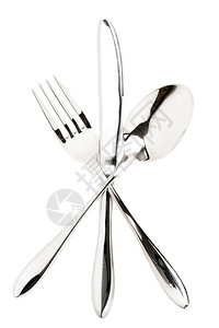 刀具银餐交叉勺子和一把刀在白色背景上穿过银器图片