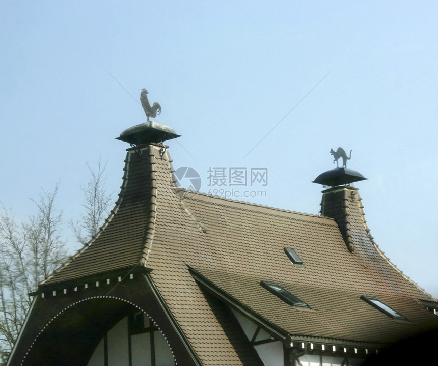 窗户建造屋顶上铺满了公鸡和猫头鹰的数字在蓝天背景建筑学图片