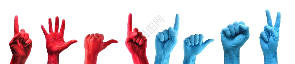 红色和蓝涂漆的手在白背景上打包胜利方向注意力图片
