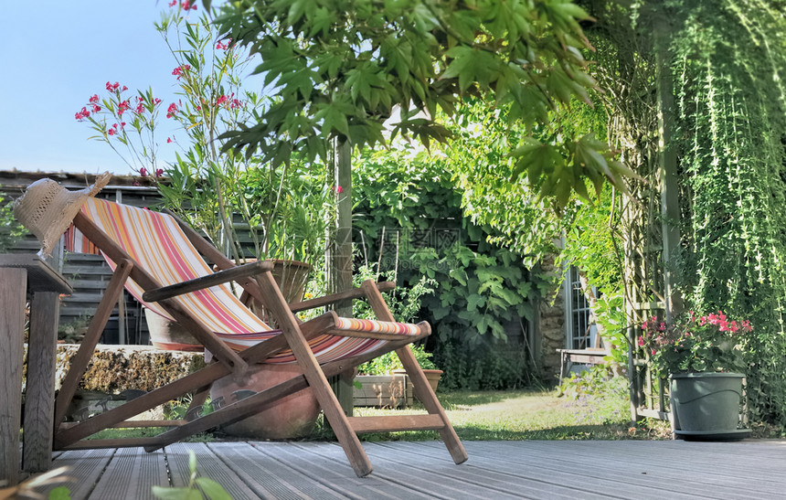 阳台木制的夏季在绿色花园的木梯子上休息椅子图片