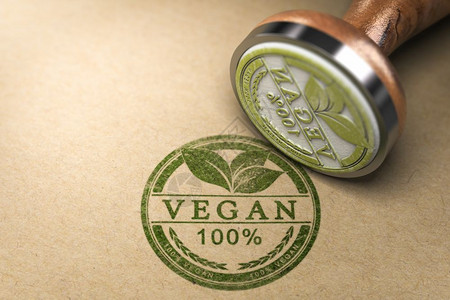素食主义者百分之的素食者在纸板背景3D插图Vegan食品注册证书上盖章印满百分之的素食者物菜单背景图片