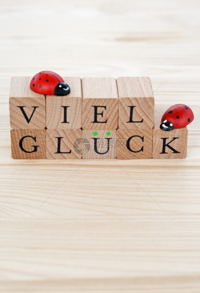 字母幸福德文的祝好运VielGlueck和木头上的小虫祝贺图片