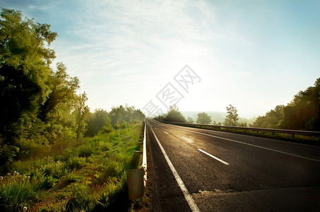 清晨阳光下农村沥青路草地太阳车道图片