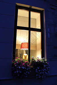 夜晚美丽的灯光照在窗口上从户挂着花朵绞刑图片