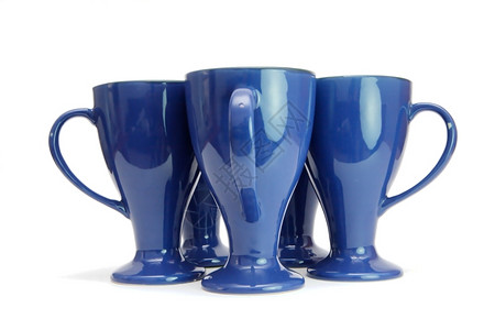 5个蓝色长的咖啡杯站着手柄被隔开长茎把手马克杯图片