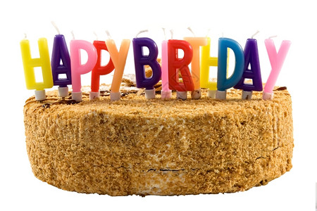 白背景上隔着彩蜡烛的生日蛋糕Name庆典快乐的趣图片