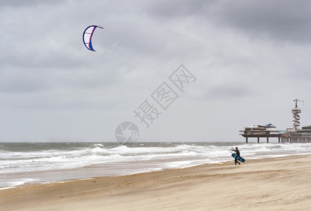 控制运动的风筝Kite冲浪者在海滩暴风雨的一天向海走去图片