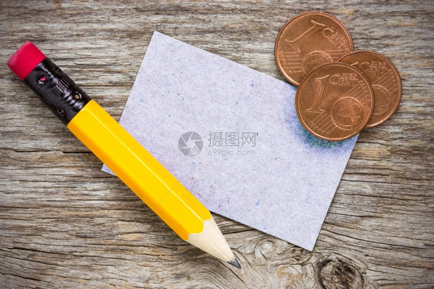 铅笔和纸卡的铜欧元分银行床单硬币图片