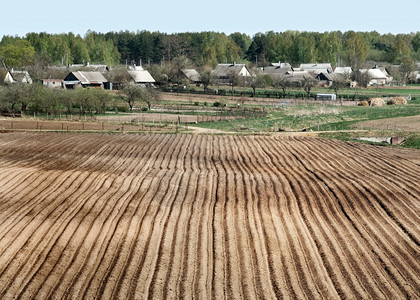 土地屋畦春天的村落房子和田地图片