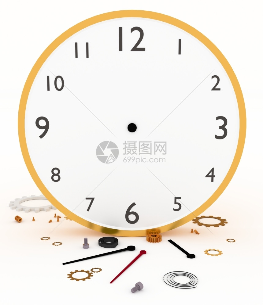 修理显示有时钟或手表其部件散布在地上时间脸图片