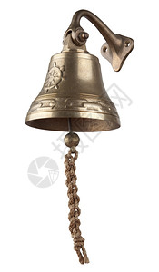 青铜一种警报古董黄铜船尾的钟声白色背景的绳索响起图片