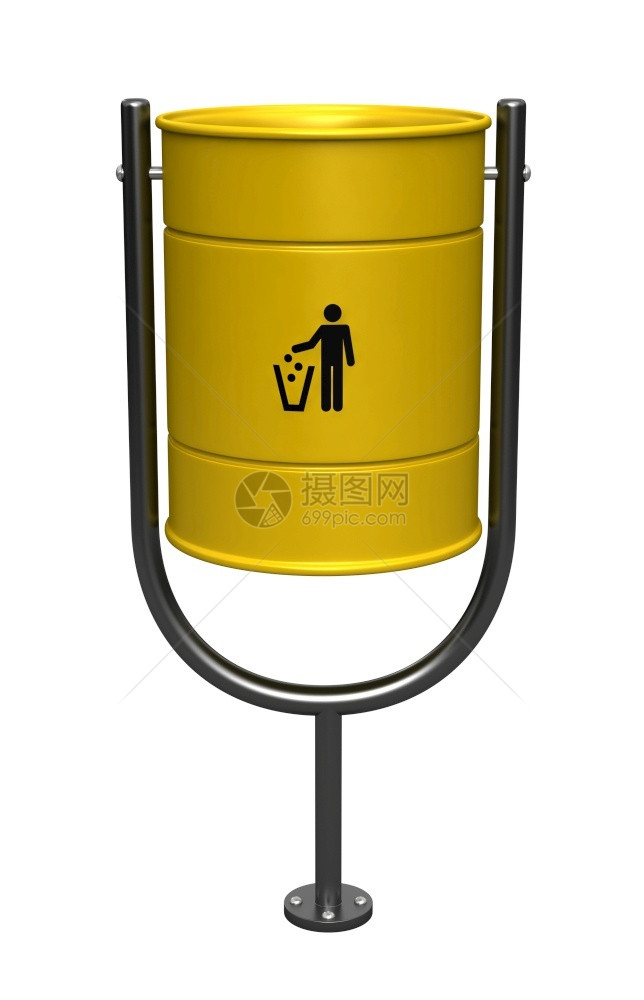 黄色的渲染户外3d由白色背景隔离的黄垃圾桶转化成图片