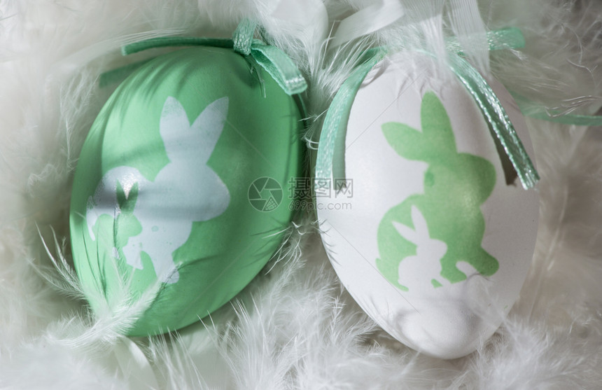 作品自然粉彩羽毛本底复活节受孕时的绿蛋和白鸡上兔子形状图片