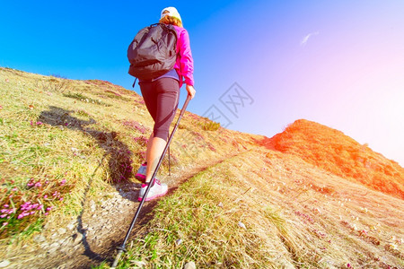 高山上运动的青年女性图片