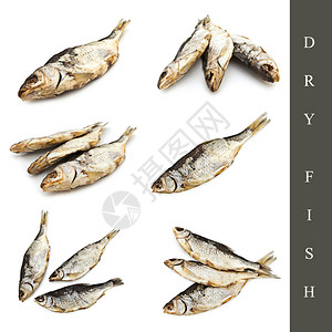 放白色背景上不同的干鱼图象集准备好的小吃高清图片