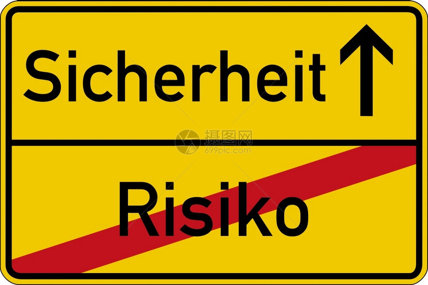有风险象征在路牌上理子和西歇叶特用德语表示风险和安全字图片
