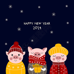 冬天新年三可爱猪类卡通动物猪矢量插图年份传统的假期图片