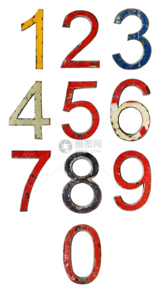磨损红色的白背景旧金属涂有从0到9的旧金属数字收集零到9的旧金属涂有数字放图片