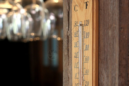 餐厅木墙上的温度计木制气候乐器图片