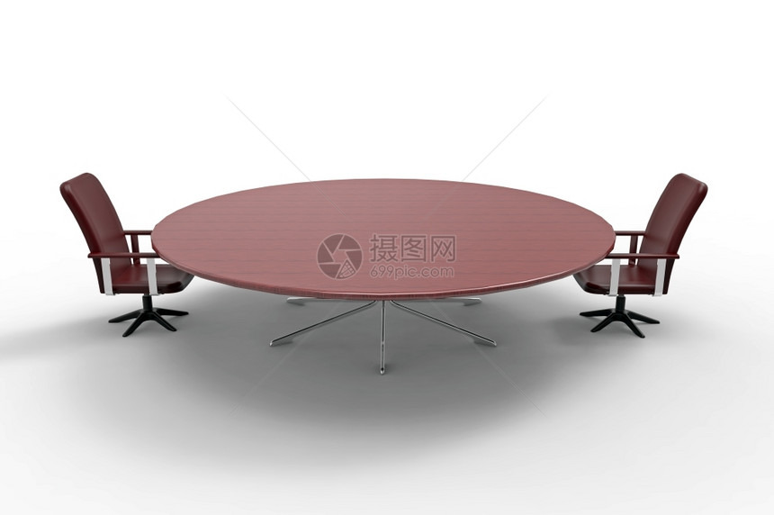 插图团队会议桌有两张白背景三维3D投送的椅子木制图片