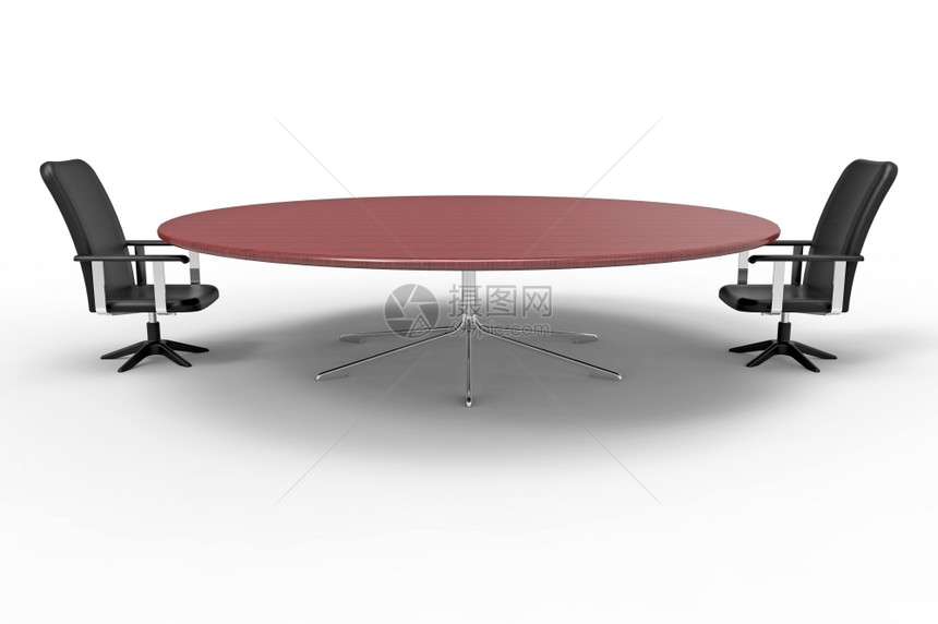 桌子会议有两张白背景三维3D投送的椅子办公室圆圈图片