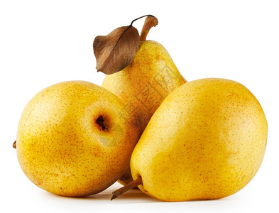 白色的健康三个黄多汁的梨子被白色背景隔离黄的图片