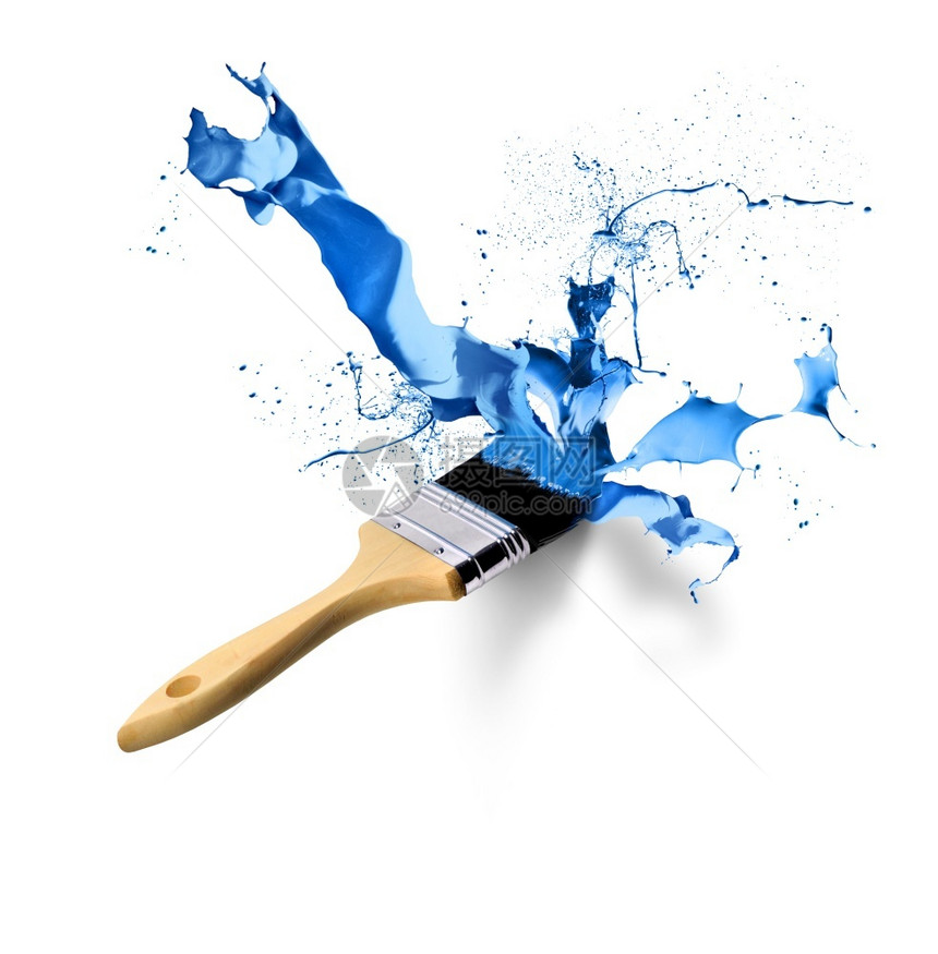 绘画笔鬃刷子在白色背景上喷洒滴蓝色涂料油漆笔画滴蓝色图片