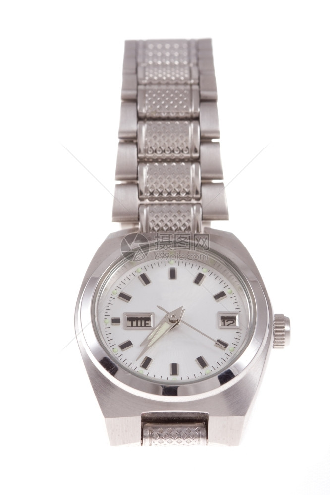 银圆形的手镯白色背景上孤立的手表图片