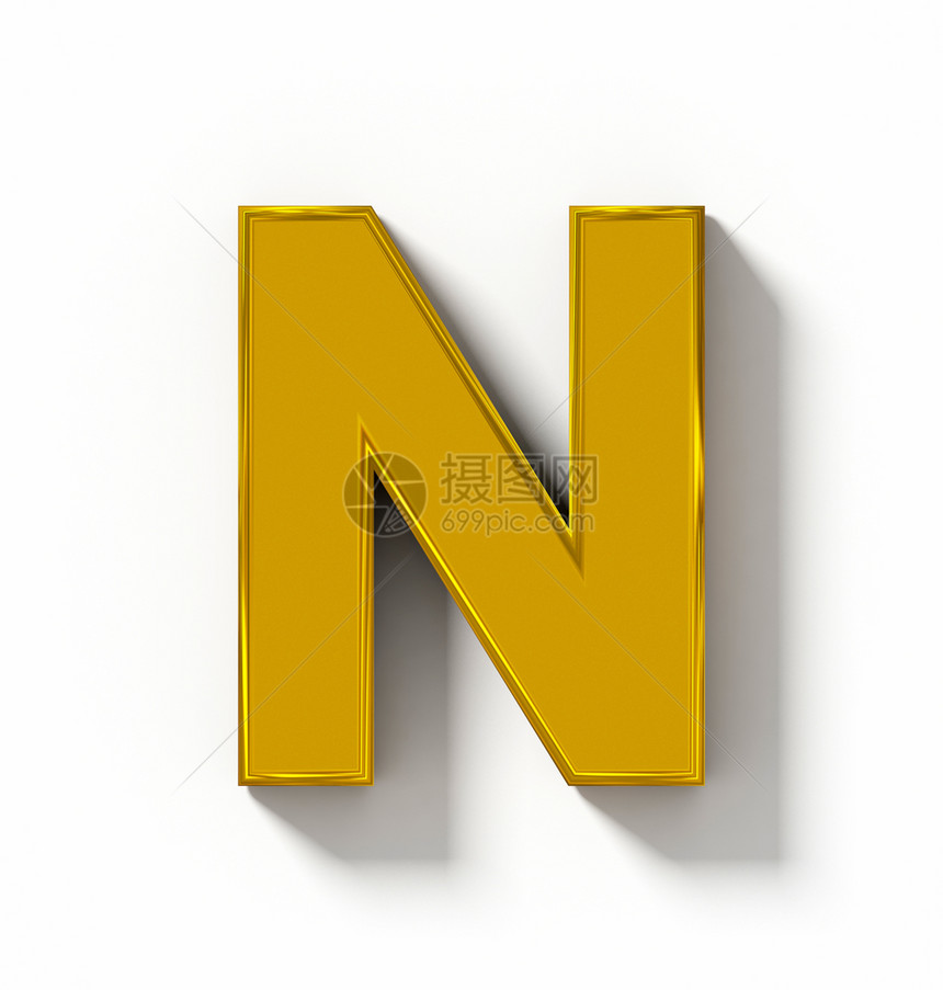 金的字体N3D金在白色上隔离有阴影垂直投3D正面图片