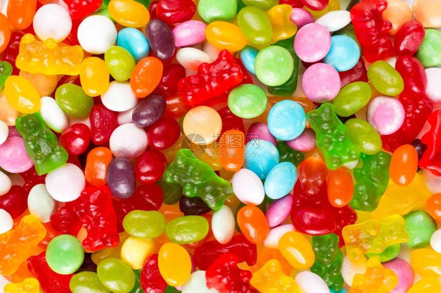 各种混合的彩色糖果和冻食物丰富明胶图片