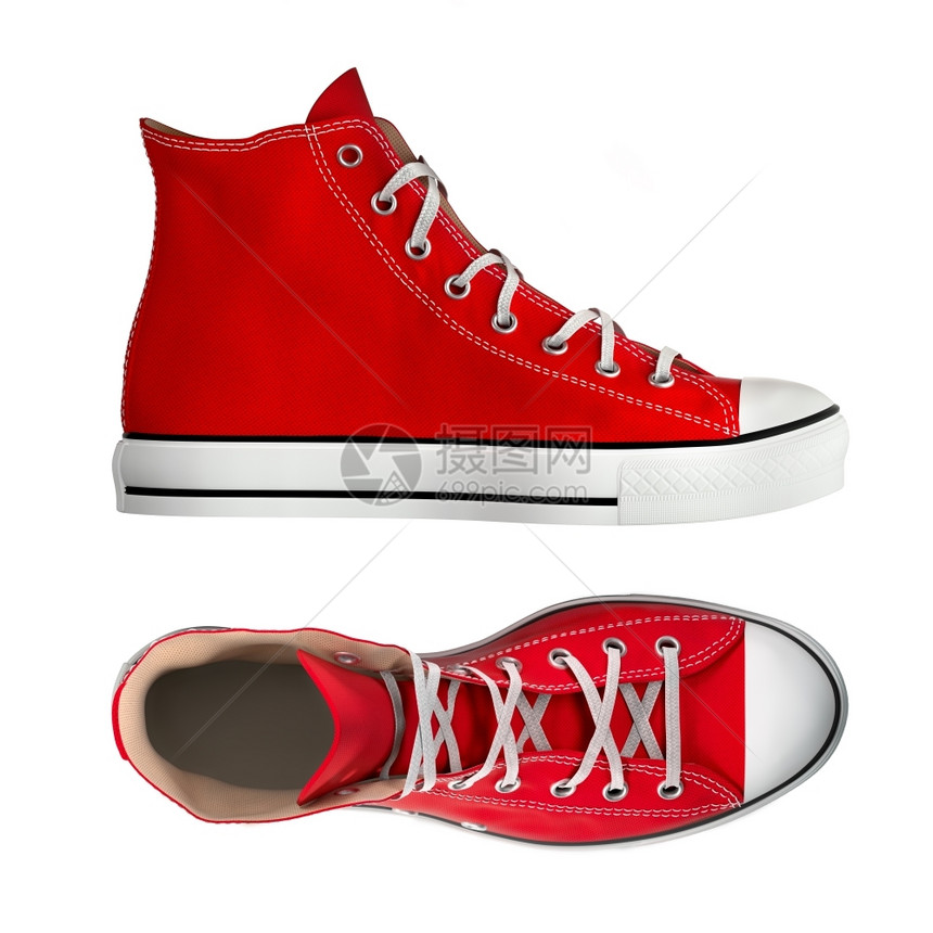 鞋带橡胶白色背景上孤立的红运动鞋训练图片