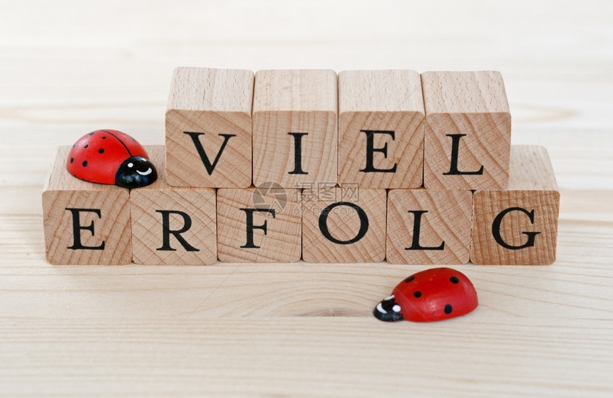 德文的词句以取得许多成功VielErfolg和木头上的小虫字卡片祝贺图片