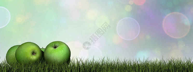 新鲜散景草地上的绿苹果3D制成插图背景图片