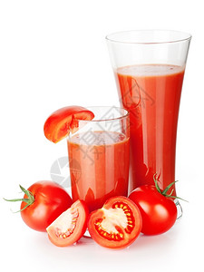 果汁红色的两杯番茄汁白色背景的西红柿被分离出来茶点图片