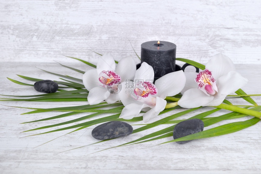 室内的结石热带用兰花子和蜡烛在白桌上安排图片
